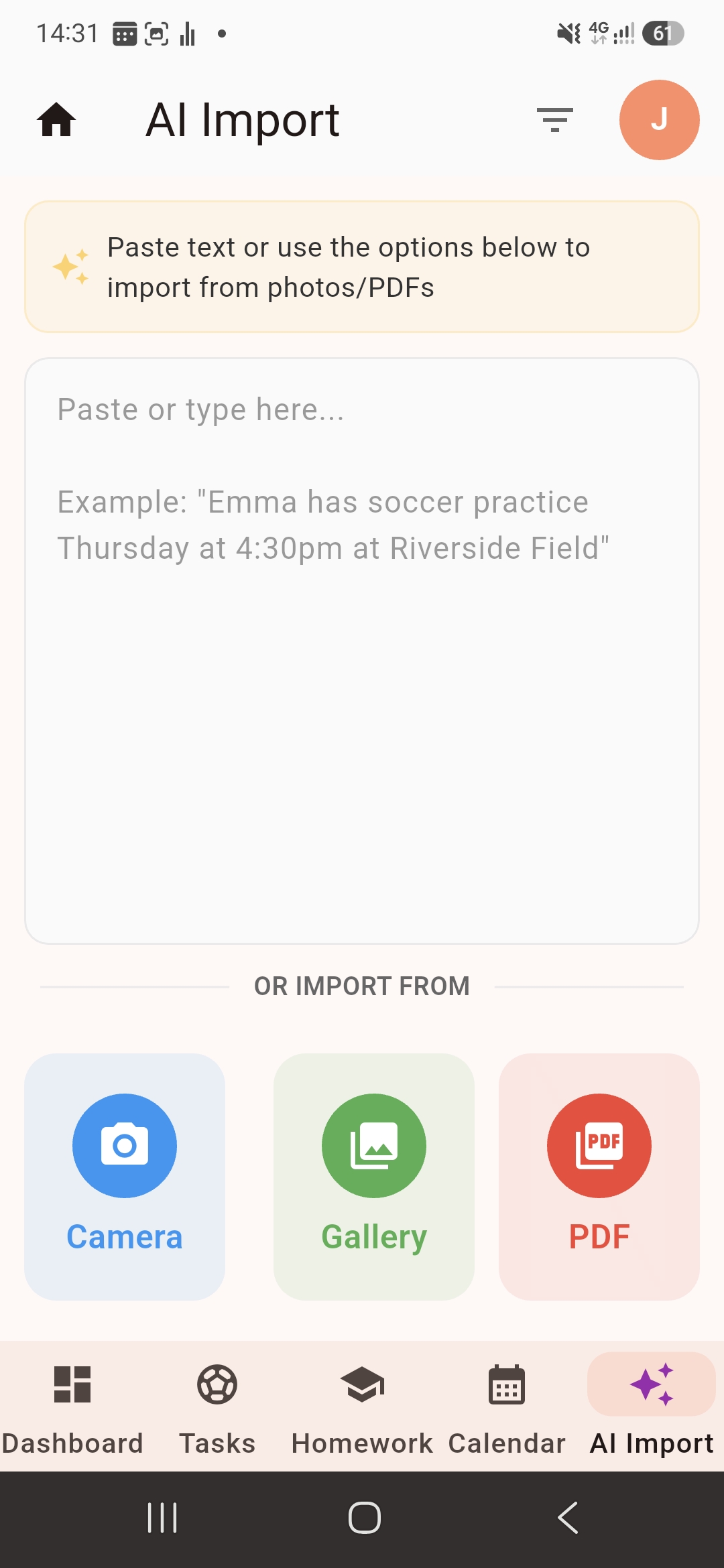 AI Import screen accepting pasted text, camera photos or PDFs