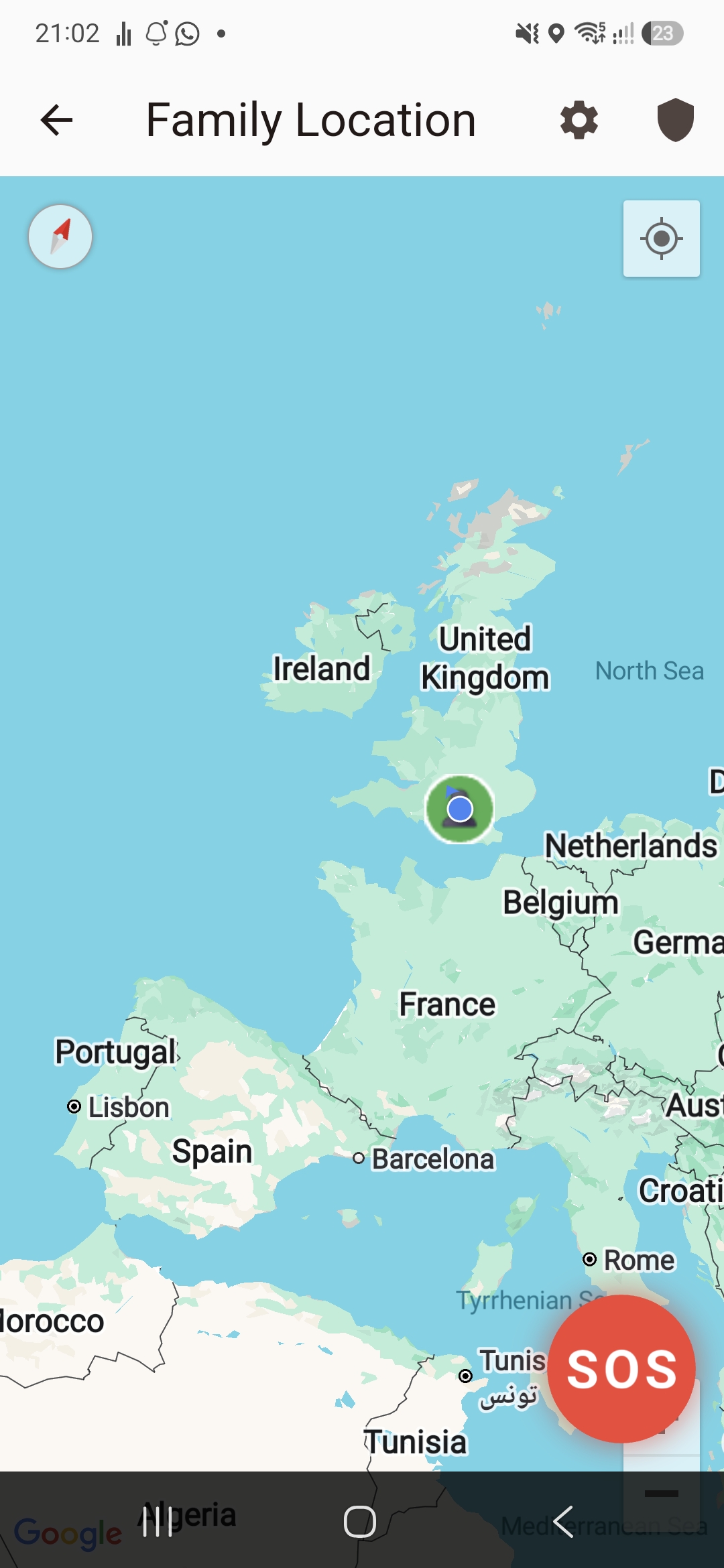 Family location map with live pin and SOS button